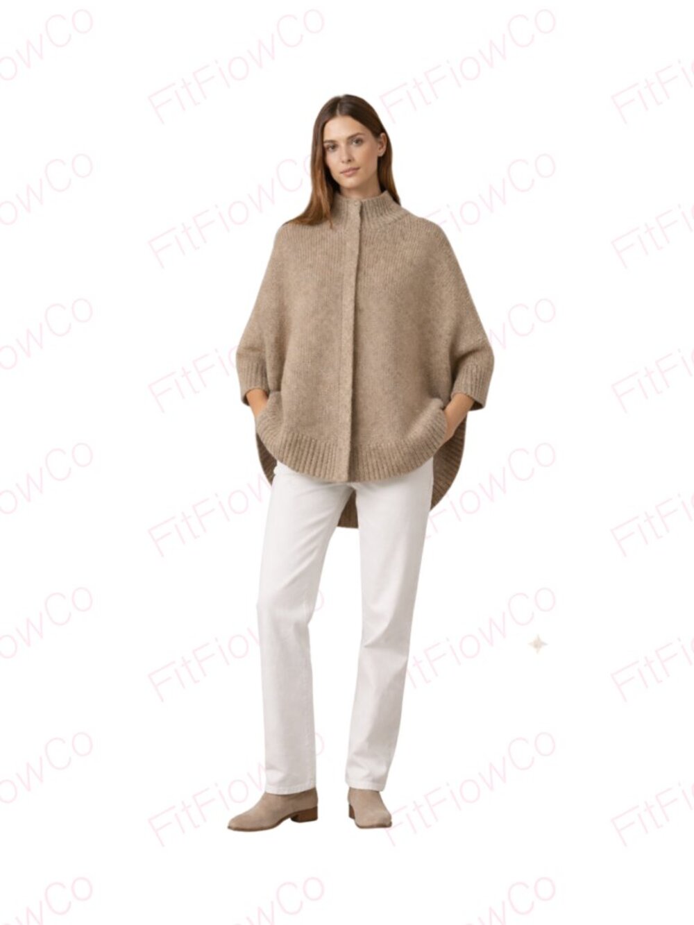 Michael Kors Zip-Up Poncho Cape Sweater XL Beige Tan Marled Knit Ribbed Trim Coz